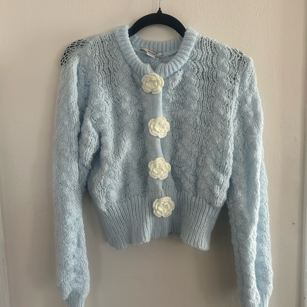 Urban Outfitters Light Blue Cardigan with Cream Floral Buttons
